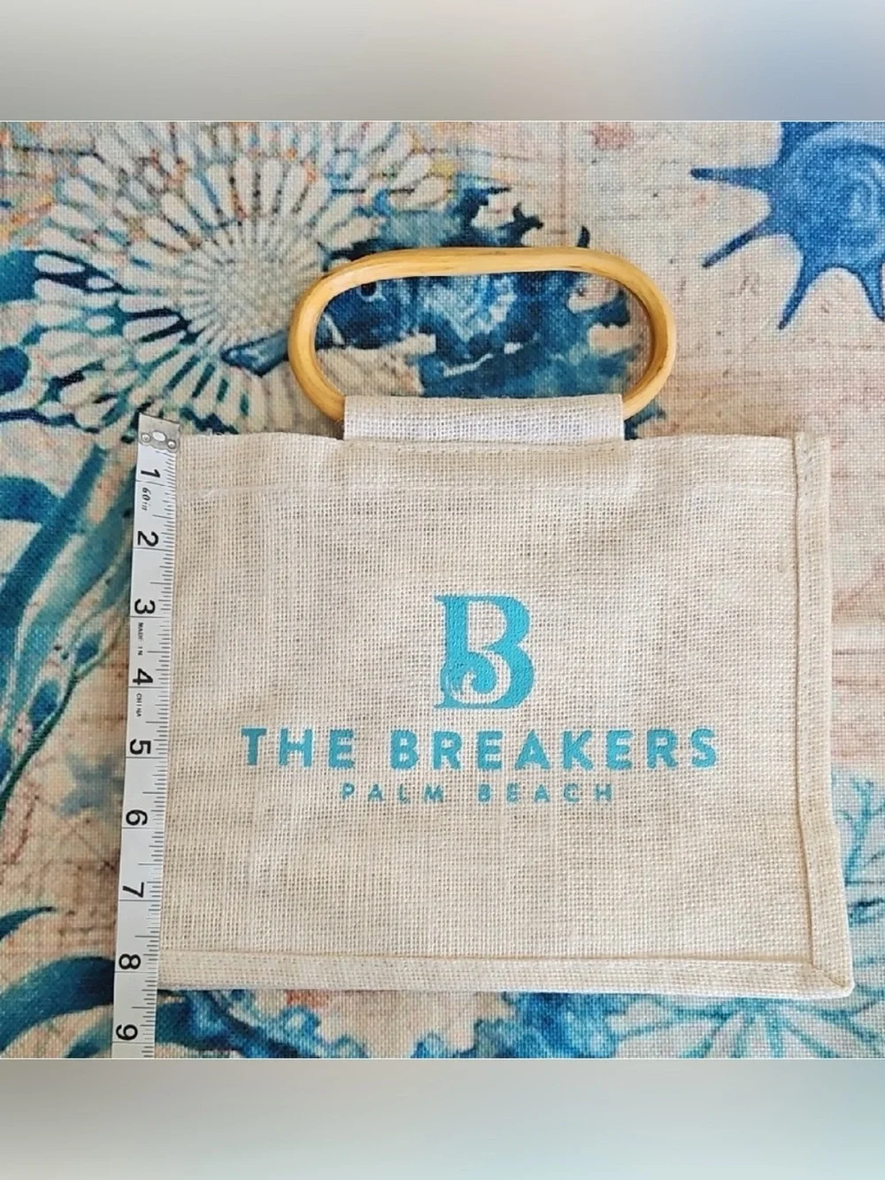The Breakers Palm Beach Canvas/Jute Tote with Turquoise Logo and Bamboo Handles